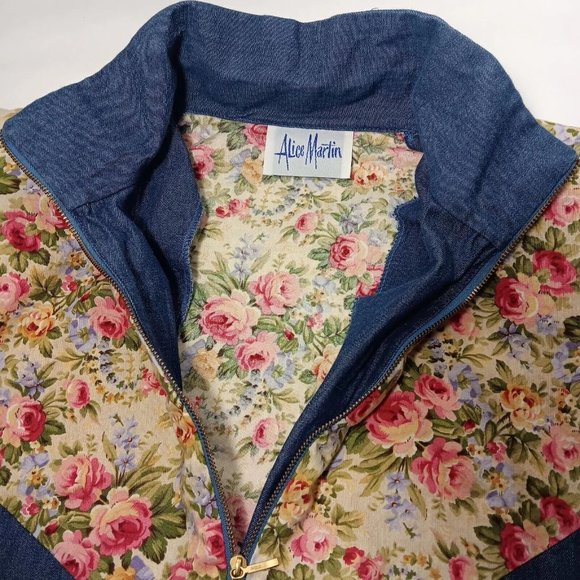 Vintage Womens M Jacket Lightweight Chambray Floral Peony Alice Martin Zip Up - Picture 10 of 16